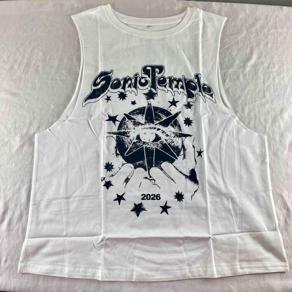 NWOT White Sonic Temple Festival Band Shirt Graphic Tank Top Cut Off L Unisex